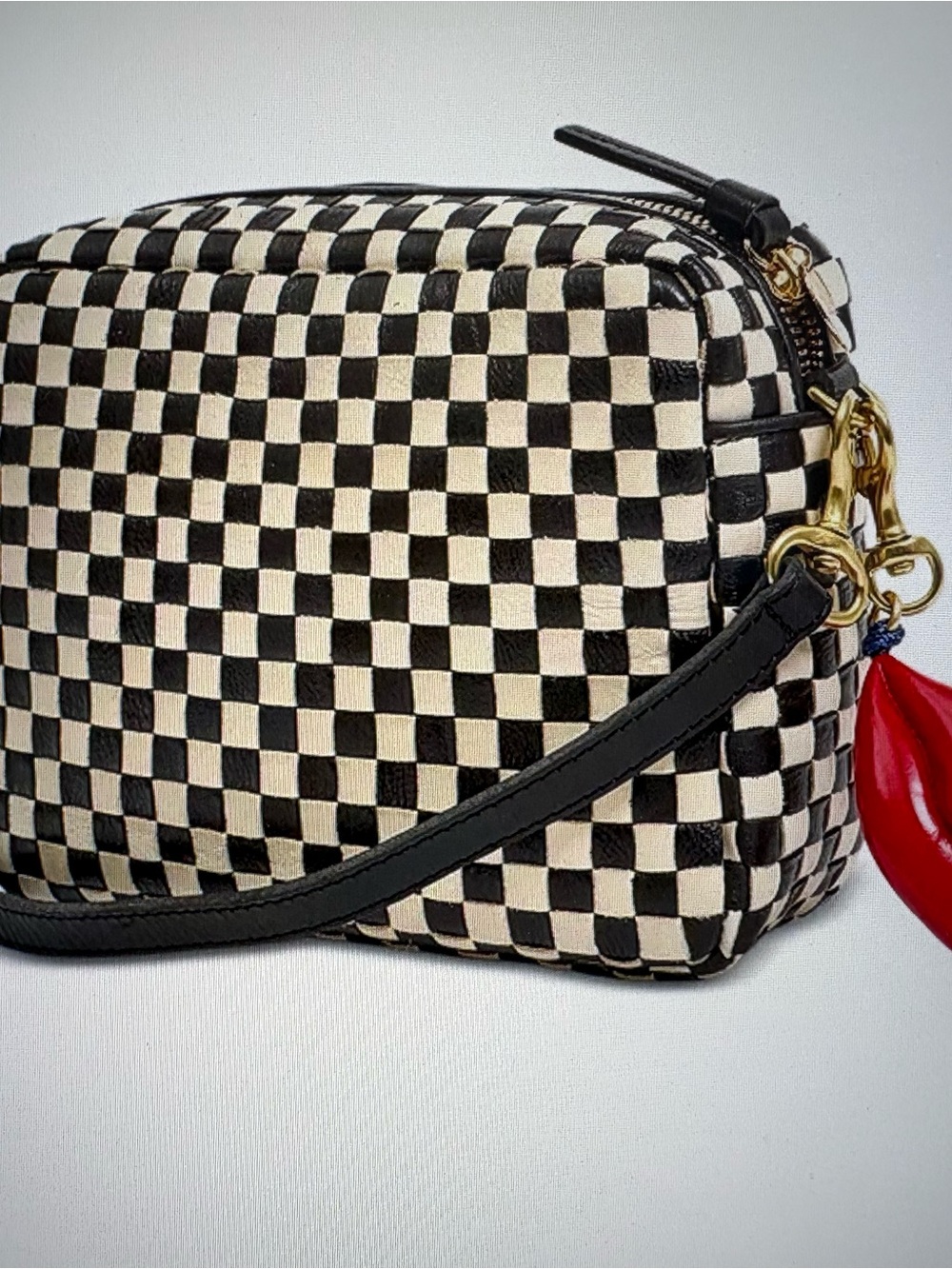 Clare V Checkerboard Crossbody in Black and Cream with Gold Hardware